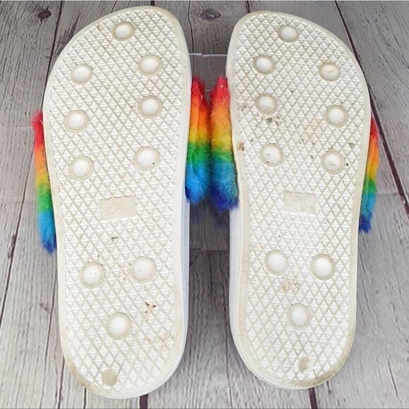 Faux Fur Rainbow Slip On Slides - Picture 6 of 6